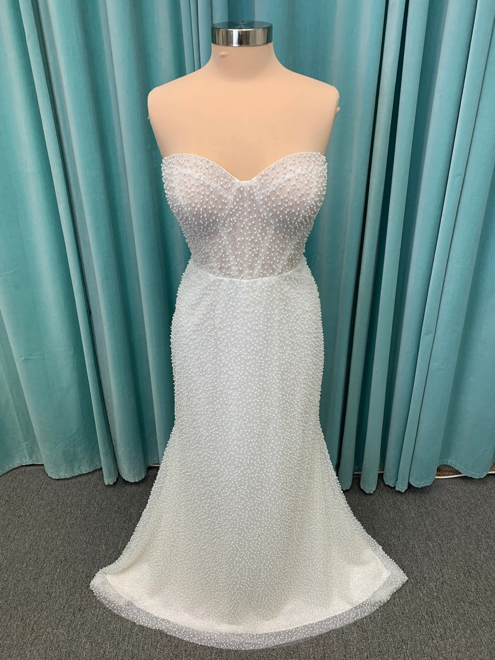 Cynthia Strapless Pearl Beaded Fit-and-Flare Wedding Dress with Corset Bodice